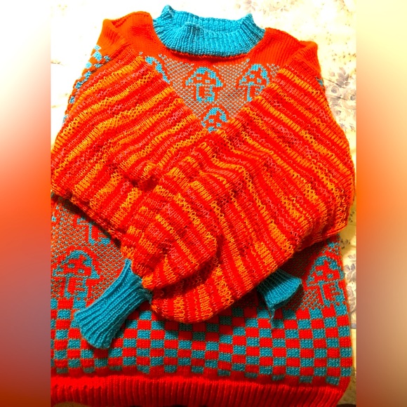 Hand Knit Custom Oversized Sweater Bishop Sleeve Checker Mushroom XXL - Picture 3 of 4